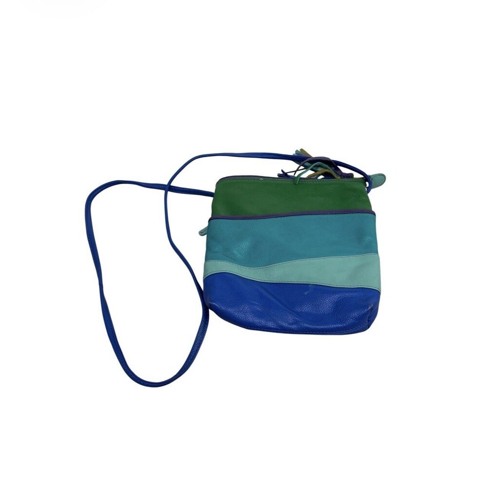 ili New York Leather Crossbody Bag Wave Bag Blue Green Zip Closure Tassel